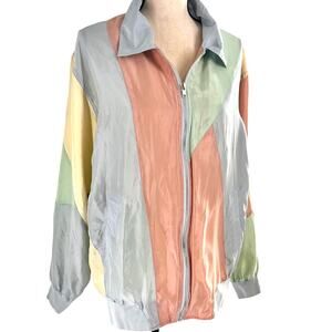 vintage 1980's 1990's silk pastel patchwork windbreaker jacket full zip large